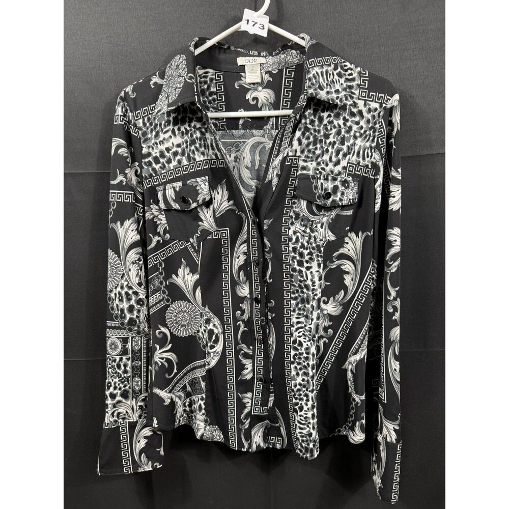 (M) - Caché Women's Baroque Leopard Chain Print Button Up Blouse Black White